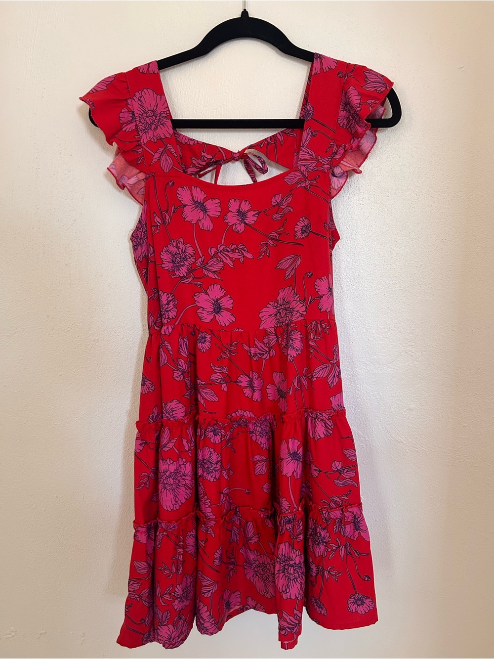 Red Floral Tie-Back Tiered Casual Dress